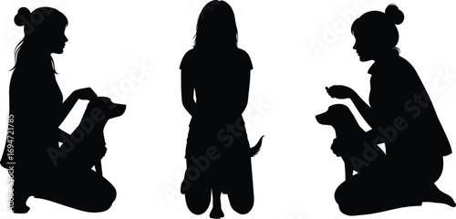 Dog Interaction Silhouettes in Three Kneeling Poses Featuring Training, Bonding, and Gestures for Pet, Education, and Design Content