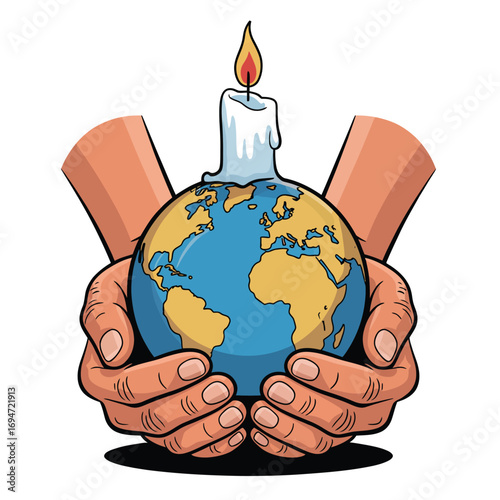 Colorful vector of human hands holding planet Earth with a candle on top representing hope isolated on white background