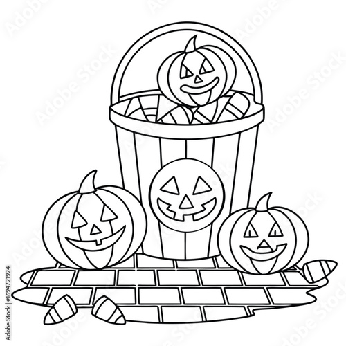 Vector art of a black and white line drawing of a bucket overflowing with pumpkins and candy corn, with three pumpkins in front on a brick path