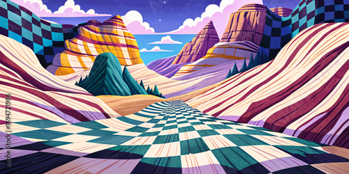 Checkerboard canyon with patterned cliffs, surreal desert landscape, geometric artistic horizon, natural wonder