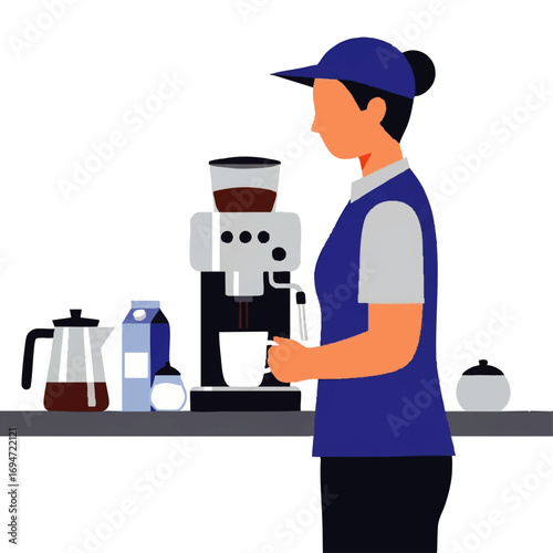 Barista expertly brewing fresh coffee with espresso machine in modern minimalist cafe setting