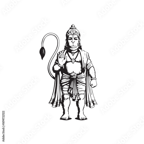 Vector Illustration of Mythological Monkey God in Traditional Style with Monochrome Color Scheme