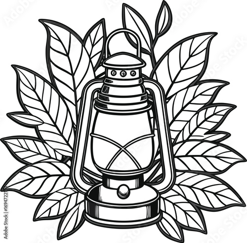Vector art of vintage kerosene lantern with detailed glass and metalwork, surrounded by lush green leaves