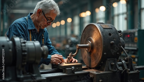 Skilled senior machinist expertly operates metal lathe in factory setting. Elderly worker focused on precision metalworking task, showing dedication, craftsmanship in industrial workshop environment.