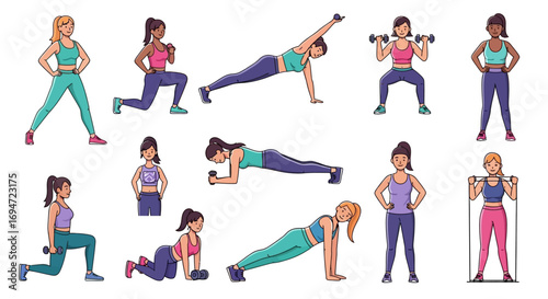 woman character set white background, flat vector illustration, sportswear