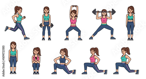 vector illustration, sportswear, multiple workout poses and exercises