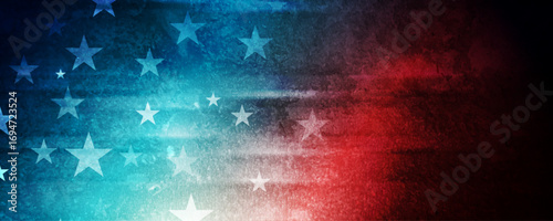 USA colors, stars and glowing stripes abstract grunge blot background. Independence Day creative design. Concept American flag. Vector illustration