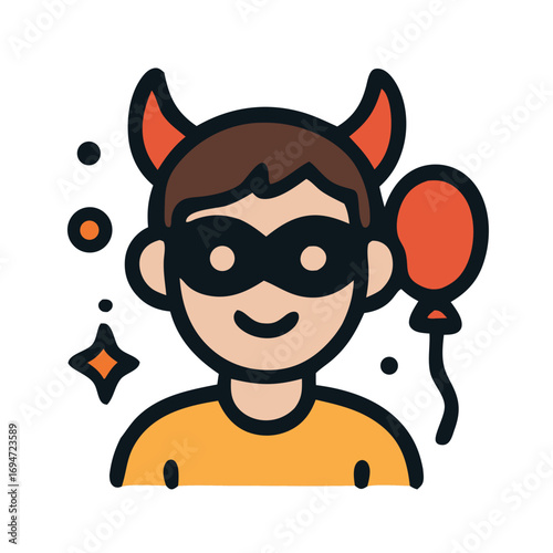 Cute Halloween kid in devil costume with mask and balloon. Fun vector icon perfect for party invitation, poster, sticker, seasonal decoration, and holiday illustration