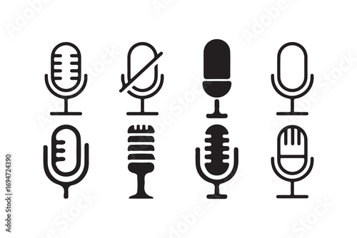 Set of Microphone Icons for Audio, Podcast, and Recording Concepts. Vector illustration eps 10
