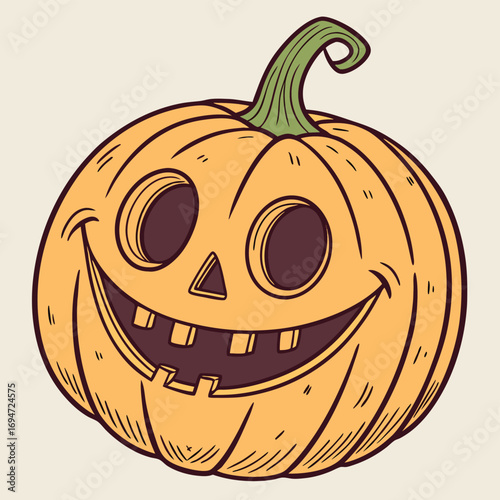 Vector art of a cheerful, handdrawn halloween pumpkin with a wide, toothy grin and happy eyes, perfect for seasonal decorations