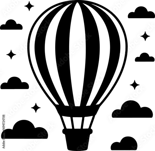 Whimsical hot air balloon silhouette floating through a starry night sky with simple clouds icon