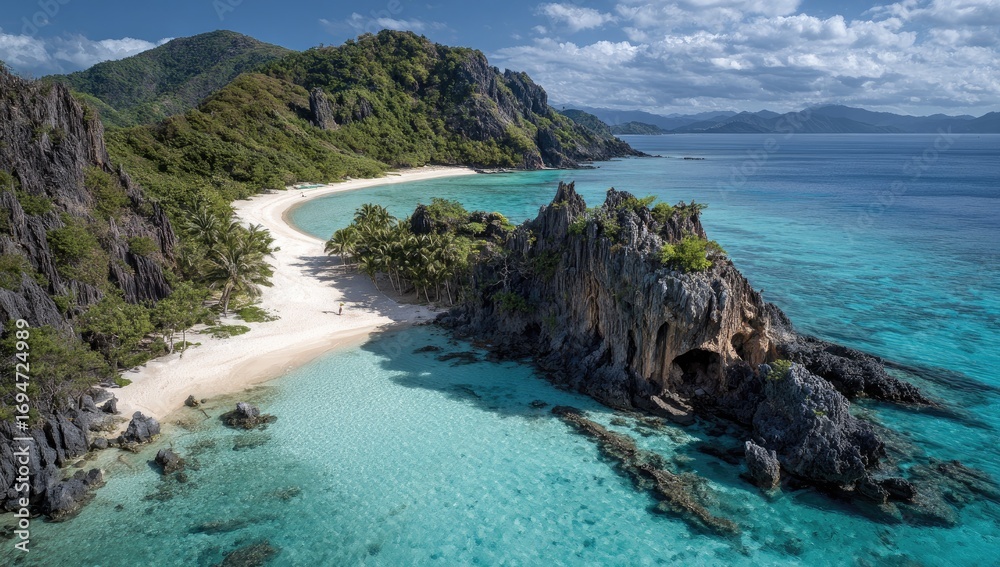 Obraz premium Tropical island paradise with white sand beach and turquoise water