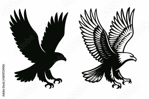Eagle bird vector illustration of a flying eagle silhouette with spread wings, a powerful animal design perfect for a tattoo or logo