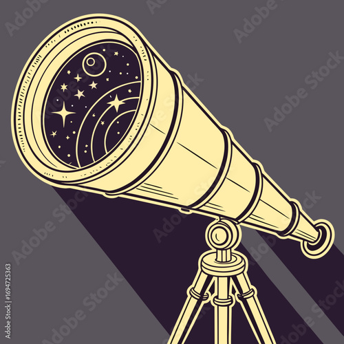 Illustration of a telescope looking at the stars and planets in space