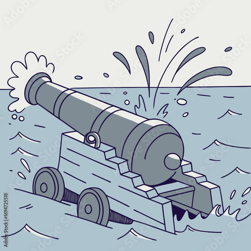 Vector art of cannon firing in the sea, creating a splash, vintage style illustration