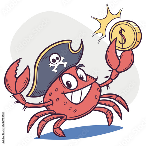 Vector art of cartoon crab pirate with a gold coin