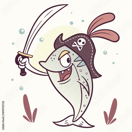 Vector art of cartoon pirate fish with sword in color