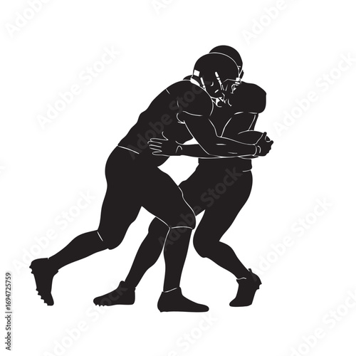 Vector Illustration of American Football Players Tackling in Modern Silhouette Style with Black and White Contrast