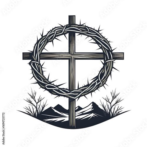 crown of thorns with calvary hill crucifixion vector illustration