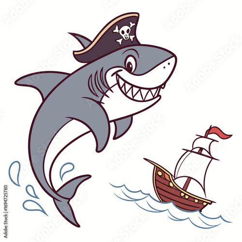 Vector art of cartoon shark pirate with eye patch and ship