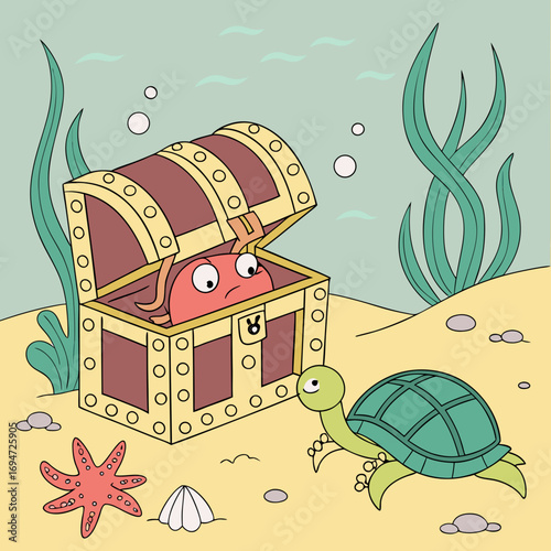 Vector art of cartoon underwater scene with treasure chest, turtle, starfish and sea creature