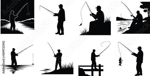 Fishing Silhouettes in Varied Outdoor Scenes with Rods and Natural Elements on White Background for Lifestyle and Design Content