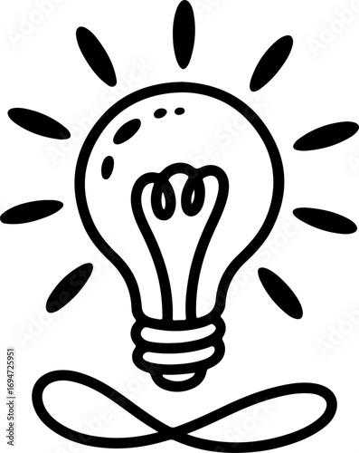 Minimalist black and white doodle of an illuminated light bulb symbolizing infinite creative ideas