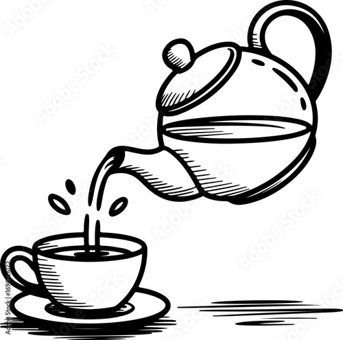 Hand-drawn doodle illustration of a teapot pouring hot tea into a cup, isolated line art sketch