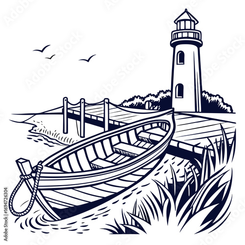 Vector art of lighthouse and boat on the shore with birds