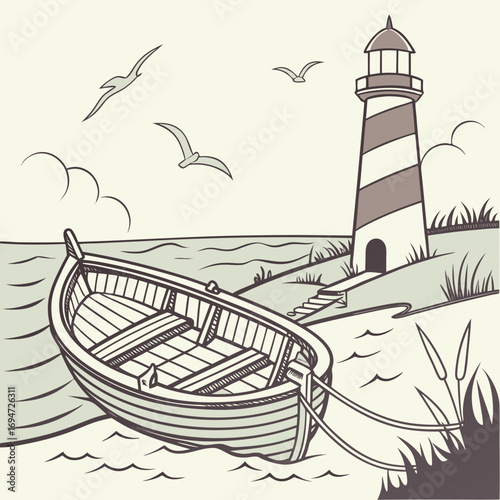 Vector art of lighthouse and boat on the beach with birds