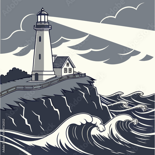 Vector art of lighthouse on a cliff with waves crashing against the shore in monochrome