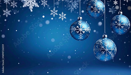 Festive blue background featuring sparkling ornaments and snowflakes, creating a wintery ambiance with bokeh effects and a gradient backdrop, perfect for holiday season visuals