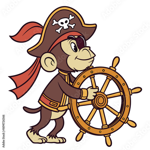Vector art of monkey pirate captain at the helm