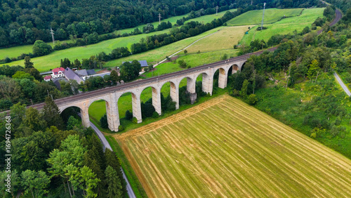 Aerial droe view of the huge stone Kleiner Viaduct, North Rhine Westphalia, Germany, July 15, 2024.