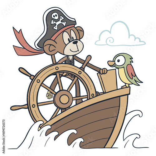 Vector art of monkey pirate captain at the helm with bird