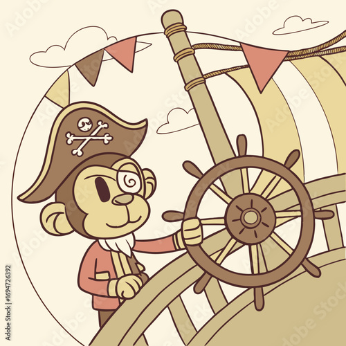 Vector art of monkey pirate captain at the helm of ship