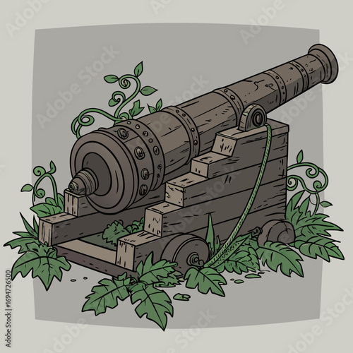 Vector art of old cannon overgrown with ivy and grass stands ready to fire a shot