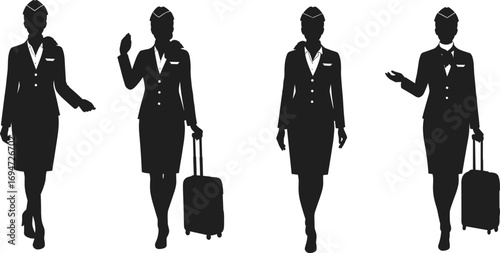 Wallpaper Mural Flight Attendant Silhouettes in Varied Travel Poses with Uniforms and Suitcases on White Background for Aviation Design Content Torontodigital.ca