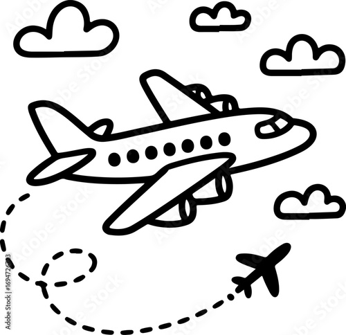 Black and white doodle art of an airplane flying through clouds with a dotted flight path