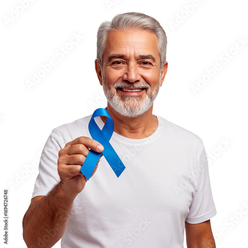 Older Man Smiling Holding Blue Ribbon for Prostate Cancer Awareness Month Novembro Azul