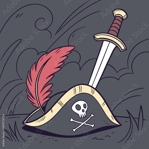 Vector art of pirate hat with sword and feather, a symbol of adventure and treasure