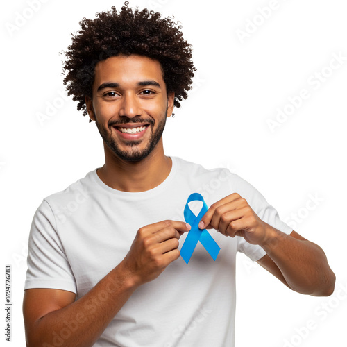 Man Holds Blue Ribbon Symbolizing Prostate Cancer Awareness and Support Community Novembro Azul