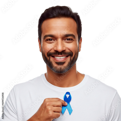 Man wearing blue ribbon awareness campaign for men's health and prostate cancer prevention support Novembro Azul