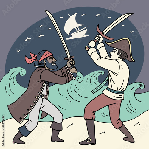 Vector art of pirates duel with sword on beach near ship in the sea at night