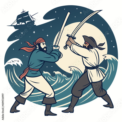 Vector art of pirates duel with swords on the beach under the moonlight and a ship sails