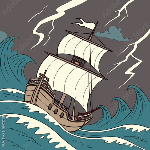 Vector art of ship sailing on stormy sea with lightning strikes in the background