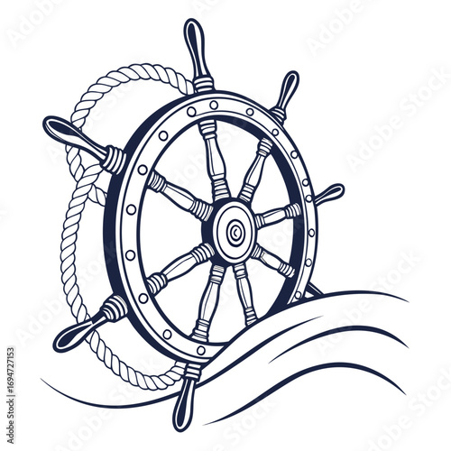 Vector art of ship steering wheel with nautical rope and waves