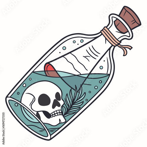 Vector art of skull in a bottle with water and seaweed, a symbol of marine life