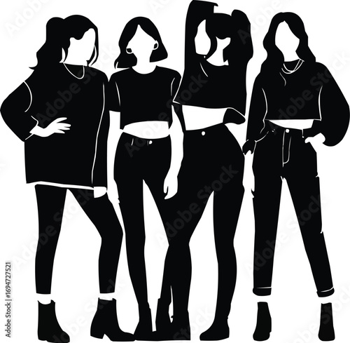 Group of Four Trendy Models Silhouette Posing Together
