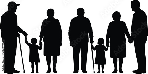 Generational Family Silhouettes in Six Poses Featuring Elders, Adults, and Children for Heritage, Parenting, and Design-Themed Content